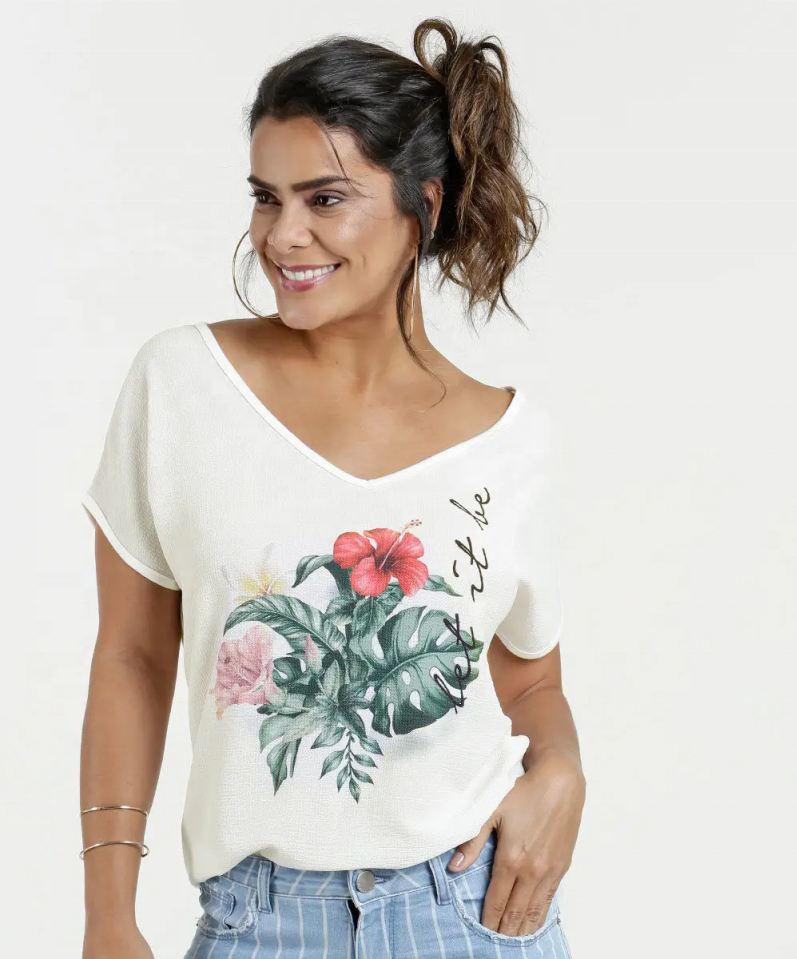 Blusa feminina de manga curta feminina com estampa floral