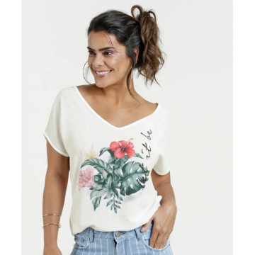 Blusa feminina de manga curta feminina com estampa floral