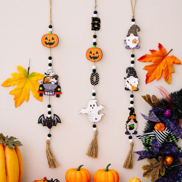 Halloween Home Party Decor: Witch Pumpkin Bat Wood Ornaments and Beads String Pendant