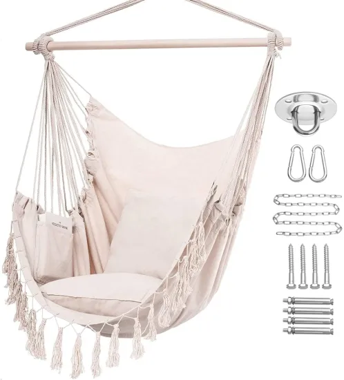BODI Hot Sale Beige Wooden Canvas Swinging Hammock Chair with Tassels and Hardware