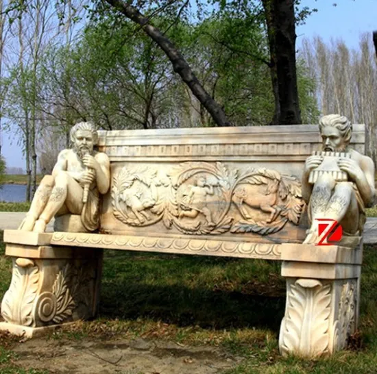 outdoor stone garden bench with statue