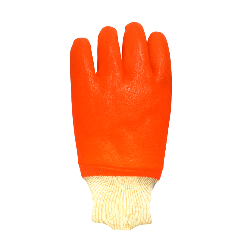 White Knit Wrist.Fluorescent Single Dipped PVC Glove