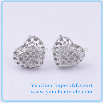 Heart Shaped Rhodium Plated Micro Pave CZ Diamond Wholesale Ear Stud