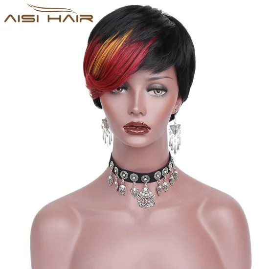 Aisi Hair Heat Resistant Pixie Cut Wigs Synthetic Short Straight Hair With Ombre Red Bangs Wigs For Women