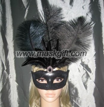 A009-BK Venetian feather mask in solid black color with ostrich feathered carnival party masks