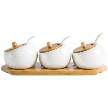 White Glazed Round Spice Jars with Bamboo Lid and Spoon
