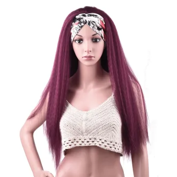 Wholesale 24 Inch Chic Style Kinky Straight Hair Headband Wig With Pre-attached Scarf Synthetic Yaki Straight Headband Wigs