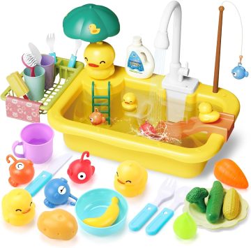 Mainan Tenggelam Kanak -kanak Interaktif: Permainan Memancing Air Automatik dengan Main Makanan dan Rak Dish untuk Dapur Play Play