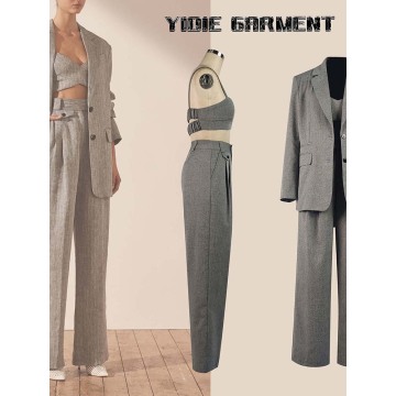 Non-stretchy Herringbone Wide-leg High Waisted Suit Pants