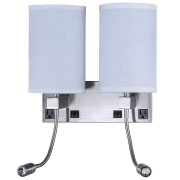 Brushed Nickel Double Wall Lamp with LED Gooseneck Reading Lights, Outlets, and GU24 Sockets