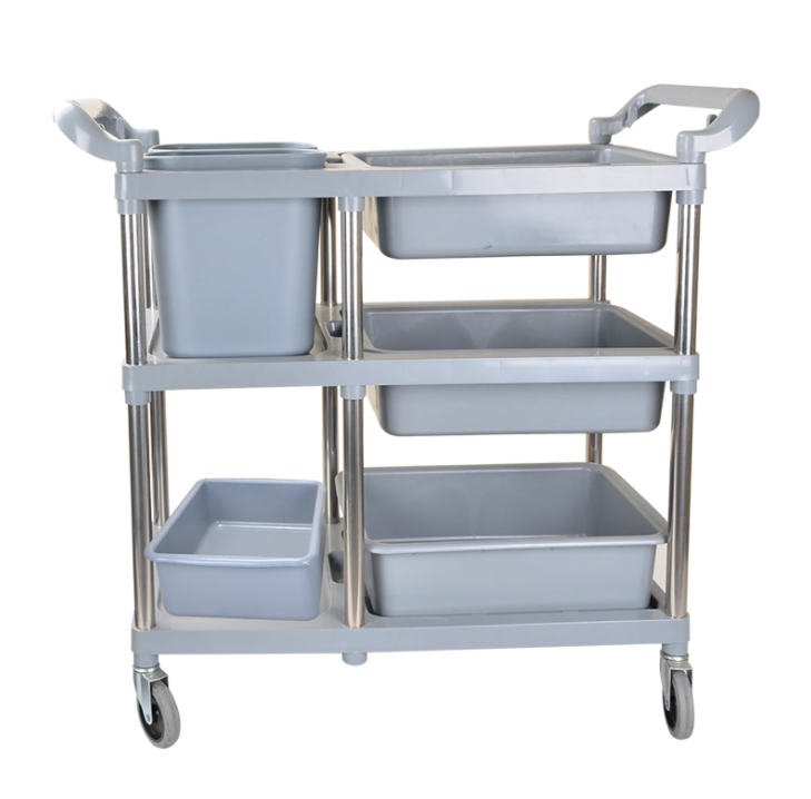 Stainless steel dining trolley with plastic bucket