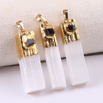 Black Tourmaline Tumbled Gold White Selenite Crystal Gypsum Pillar Pendant for DIY Making Jewelry
