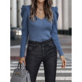 Women V Neck Knitted Puff Sleeve Sweater