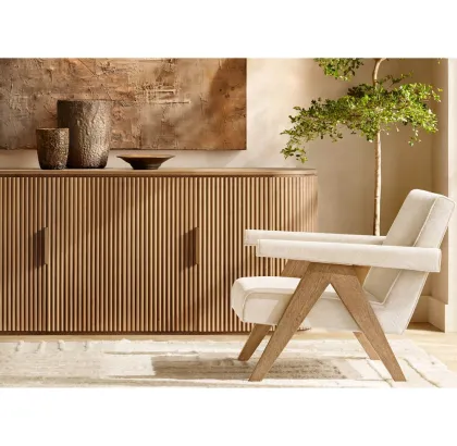 Modern Oak Wood Armchair with Leather Upholstery - Pierre Jeanneret Style from Chandigarh