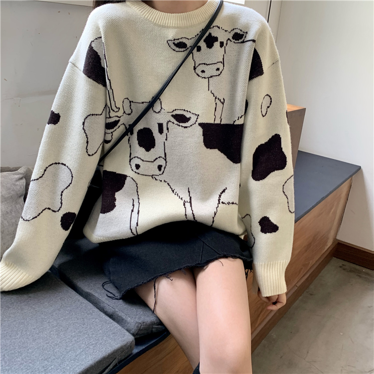Women's Cow Printed Pullover Sweaters Casual