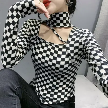Milled wool bird check slim bottoming shirt