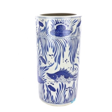 Blue and White Hand-Painted Fish Umbrella Flower Stand - RZPI15 Porcelain Ceramic Home Decor