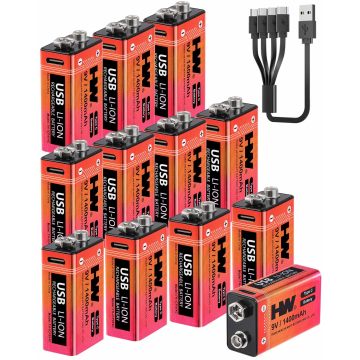 باتری لیتیومی قابل شارژ USB-C 12PCS 9V 5180mWh