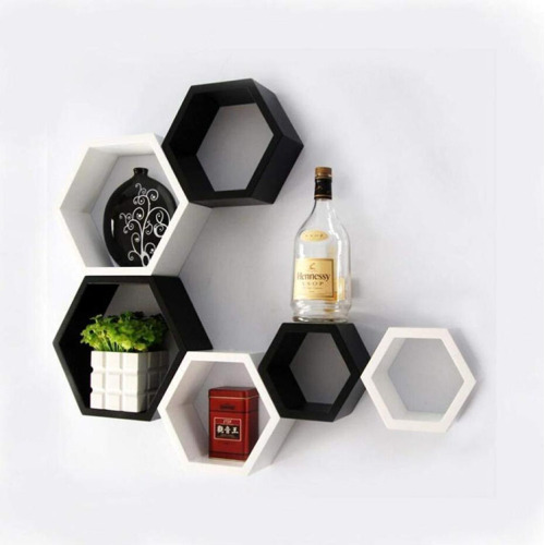 6 Piece Mount Hexagon Shape MDF Wall Shelf