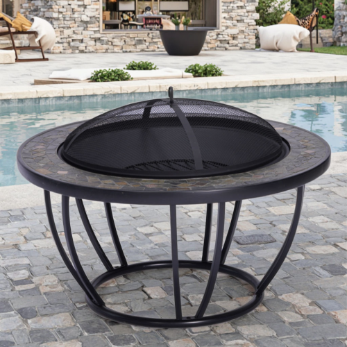 Outdoor Slate Fire Pit with Mesh Cover