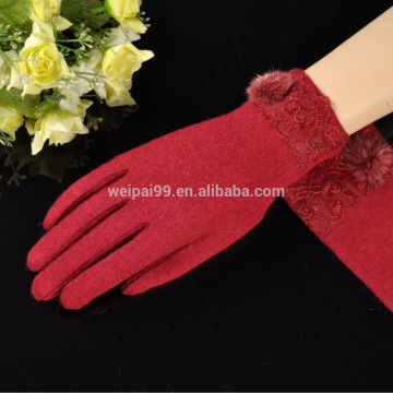 Simple style , lace fur ball decoration , women winter woolen gloves , textile wool , women accossories