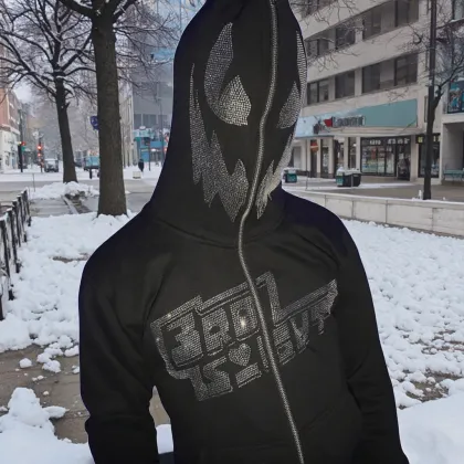 Verified Manufacturer Custom Full Zip Up Rhinestone Demon Face Hoodie