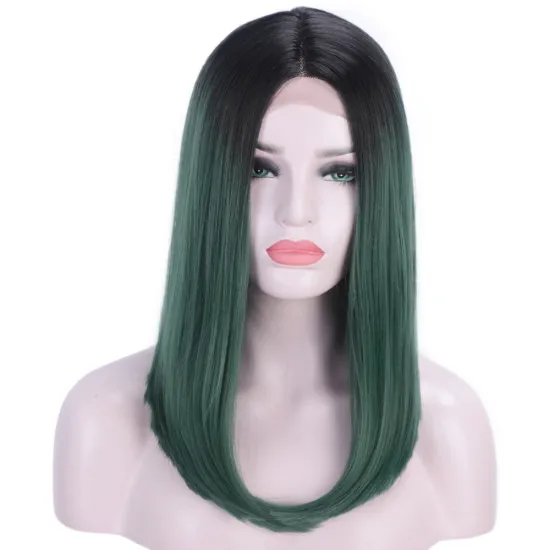 Vigorous synthetic hair full wig lace cheap good quality ombre green color long straight hair heat resistant women cosplay use