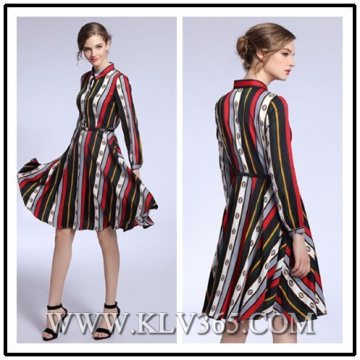 New Fashion Ladies Striped Casual Pleated Dress with Belt