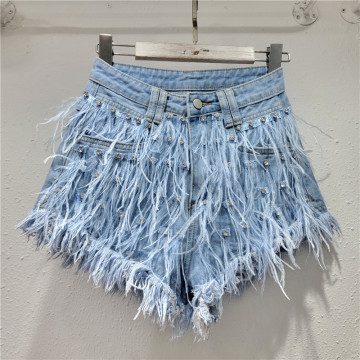 Sommer neue Mode: Frauen personalisierte Feder Quasten Diamond Wash Hellblau Jeans Shorts