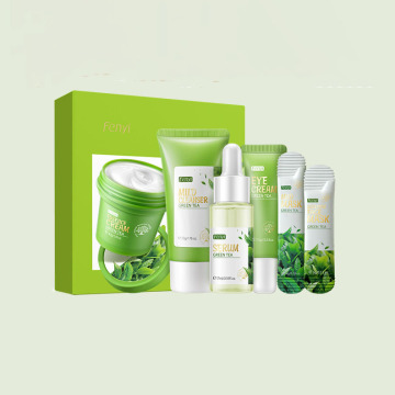 Green Tea Skincare Set: Balancing Cleanser, Clay Mask, Toner, Serum, and Face Cream