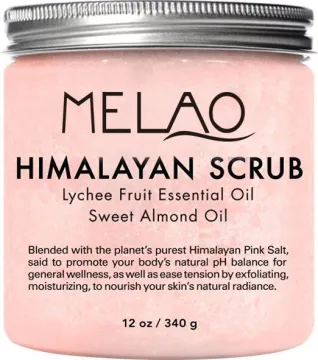 MELAO Himalayan Salt Body Scrub with Lychee Essential Oil, All Natural Scrub to Exfoliate & Moisturize Skin, 12 oz