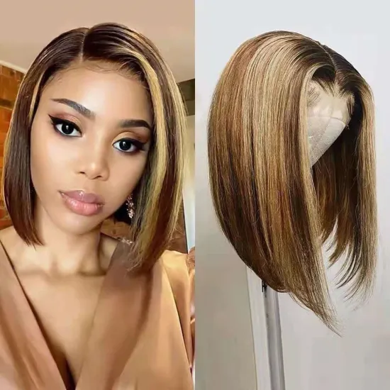 Pre Plucked HD Lace Virgin Light Brown Short Swiss Lace Front Human Hair Bob Wigs P4/27 Highlight Brown Lace Closure Bob Wig