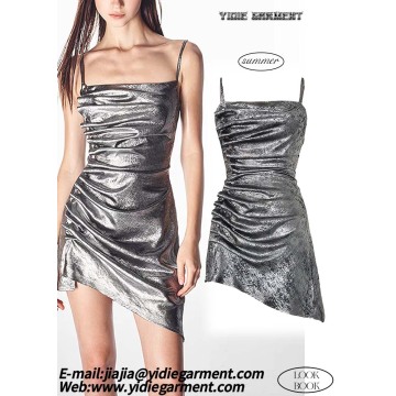 Shiny Stretch Jersey Halter Grey Backless Mini Dress