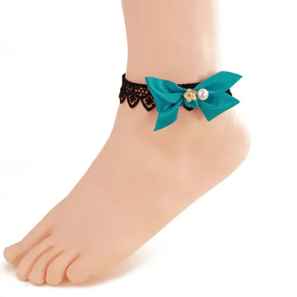 Foot Jewelry Sex Black Lace Anklet Bracelet Bowknot Pearl