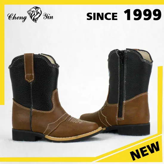 Wholesale Comfortable Popualr Black Rubber Outsole Genuine Leather Factory Price Kids Cowboy Boots for Outdoor