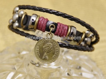 China Top Fashion Jewelry Manufacture with supreme quality competitive Price Bronze Elizabeth Medal Charm Leather bracelet