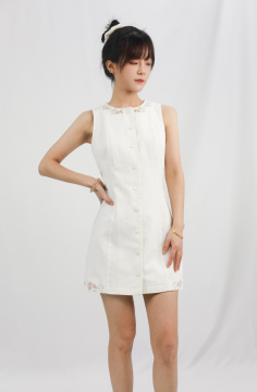 Sleeveless Button-Down Mini Dress with Floral Embroidery