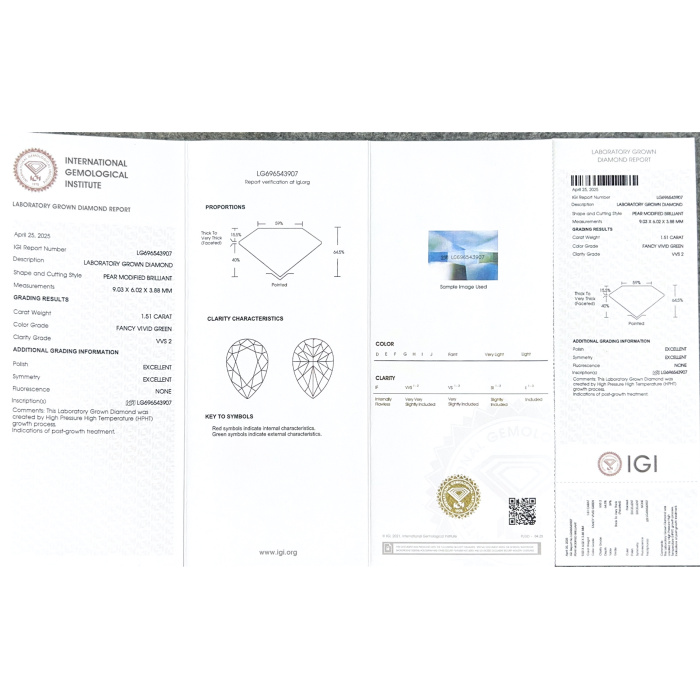 HPHT Pear Fancy Vivid Green Lab เพชร 1.51ct VVS2 EX EX