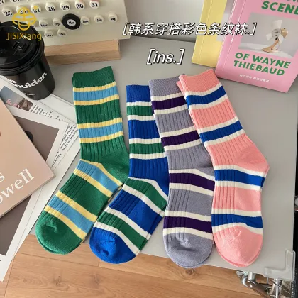 Korean striped mid tube socks with colored cotton socks