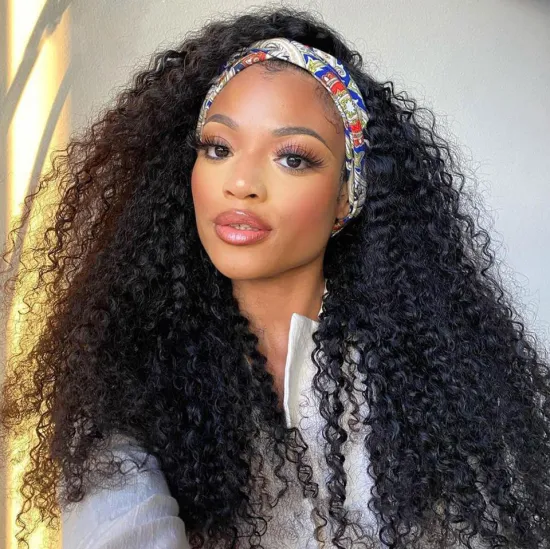 Kinky Curly Headband Wig Human Hair For Black Women Glueless Half Wig With Head Band Brazilian Yaki Headband Human Hair Wigs
