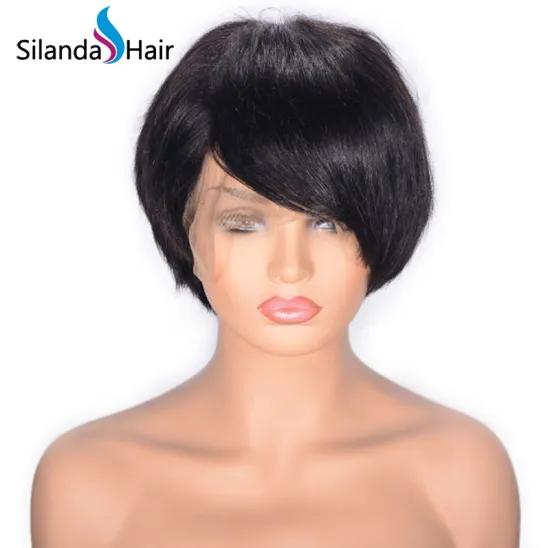 #1B Natural Color Short Straight Brazilian Remy Human Hair Lace Front Wigs 8 Inch