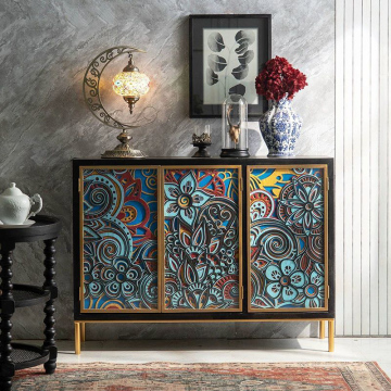 Cabinet da foyer vintage francese: deposito decorativo per scarpe e vini con arte incisa