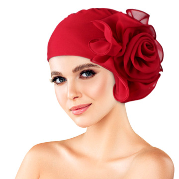 Women's Monochrome Large Floral Headscarf Hat Cover with Double-Layer Elastic Fabric and Solid Color Hood