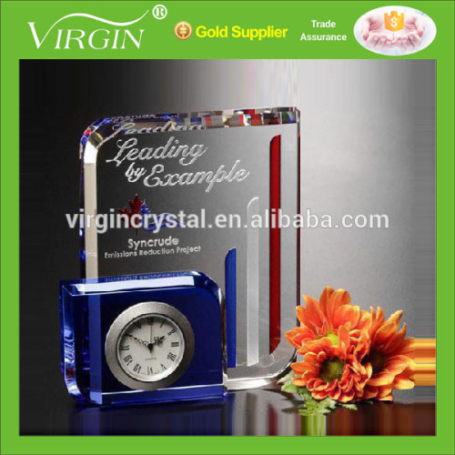 Unique design business crystal table clock with engraving logo for souvenir gift promotion