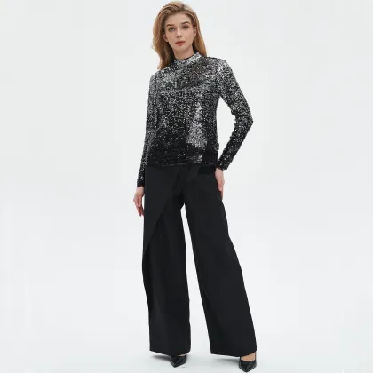 Sequined stand up collar long sleeved top