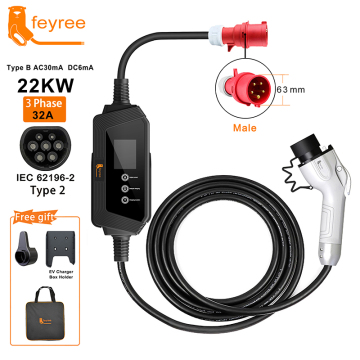 Feyree 22KW 32A 3Phase Portable EV Charger med GBT Plug
