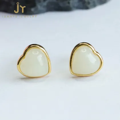 925 Sterling Silver Heart-Shaped Jade Earrings with Gold Plating - High Quality Hetian Natural Jewelry