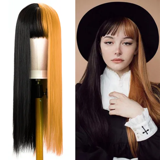 Drop Shipping Black And Yellow Halloween Cosplay Long Straight Ombre Two Color Part Synthetic Wig For Cosplay