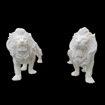 Premium Hand-Carved Marble Lion Sculpture Duo