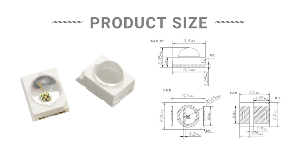 Size of 2835FIRC88L14I100A60 880nm Infrared Emitters 2835 Dome Lens 60-degree